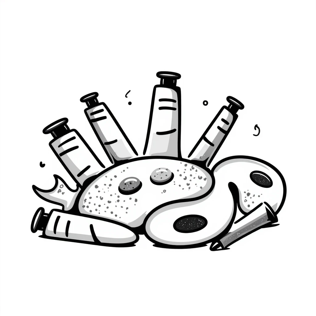 A set of artist's paints with tubes and a watercolor palette in pastel colors (dd9fb0, ffc6d3, a3bfc9, c4bee2, f1b091), hand-drawn doodle style emoji