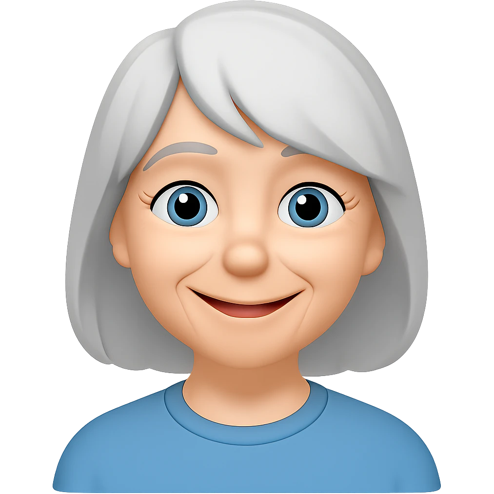 Make the older woman have a wider and tender smile, in the style of Apple Memoji with flat colors and soft edges, no background. emoji