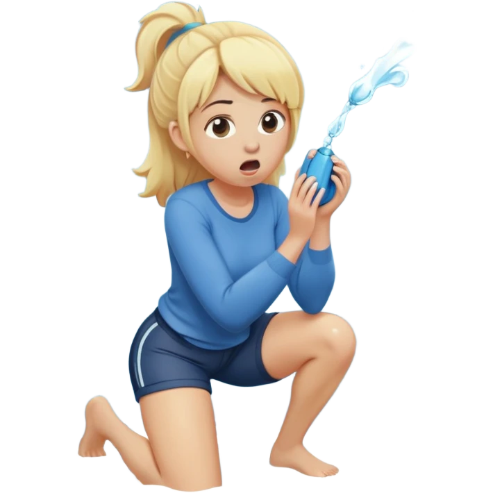 simple, round-faced blond woman kneeling, surprised expression, cartoonish wide stick with a D-shaped knob coming out of a pair of pants hanging in front of her face, water stream squirting from the flat side of the knob into her open mouth emoji