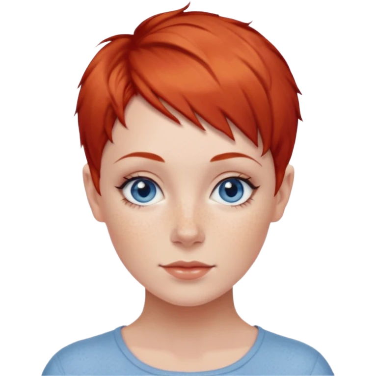 27 year old white woman, red hair, pixie cut, blue eyes emoji