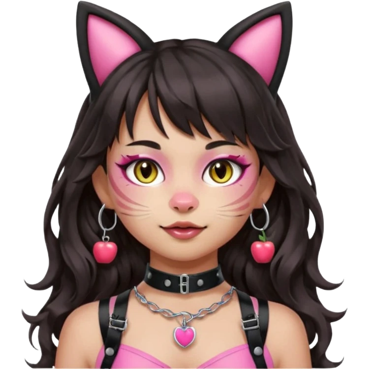 Remove all makeup and marks from the cheeks. Remove any apple. Only add subtle whiskers on the cheeks. Keep bangs, silver O-ring, light-medium Hispanic skin, long dark wavy hair, cat ears, and pink BDSM-inspired harness. Apple emoji style. emoji