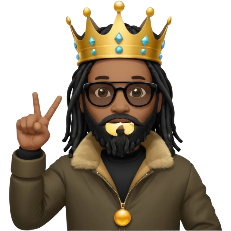 African American man with shoulder length black dreadlocks with black beard wearing black sunglasses wearing Crown on his head wearing a black bubble mens winter coat pointing to himself emoji