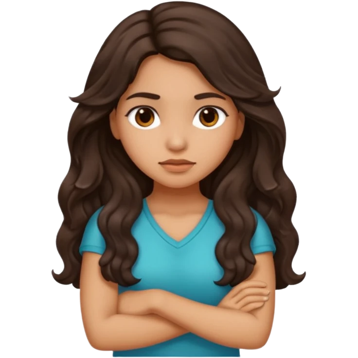 Hispanic girl with long dark brown wavy hair crossing her arms and slightly pouting emoji