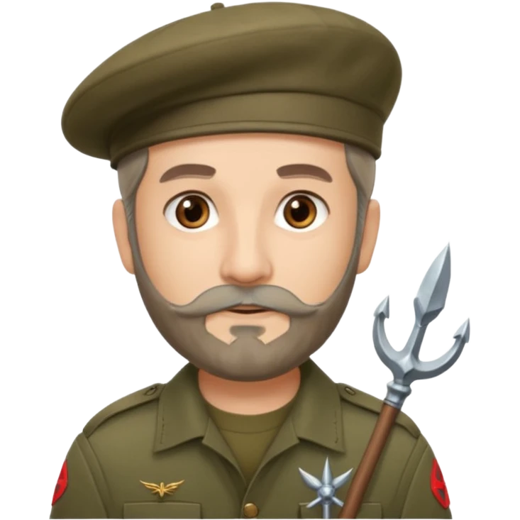 A man in military khaki beret with trident on cockarde with grey beard and brown eyes. emoji