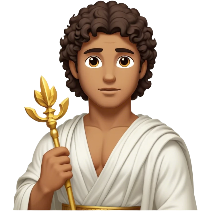Cinematic Realistic Hercules Portrait, depicted as a classical Greek hero inspired by the Disney version yet echoing the refined proportions and serene dignity of Michelangelo's David. His idealized, sun-kissed tan skin glows with timeless strength, and his thick, curly wavy dark brownhair falls in natural, sculpted curls. Draped in a flowing white robe with delicate golden accents, his expressive eyes radiate determined nobility, all rendered under dynamic natural lighting with a mythic, radiant glow. emoji