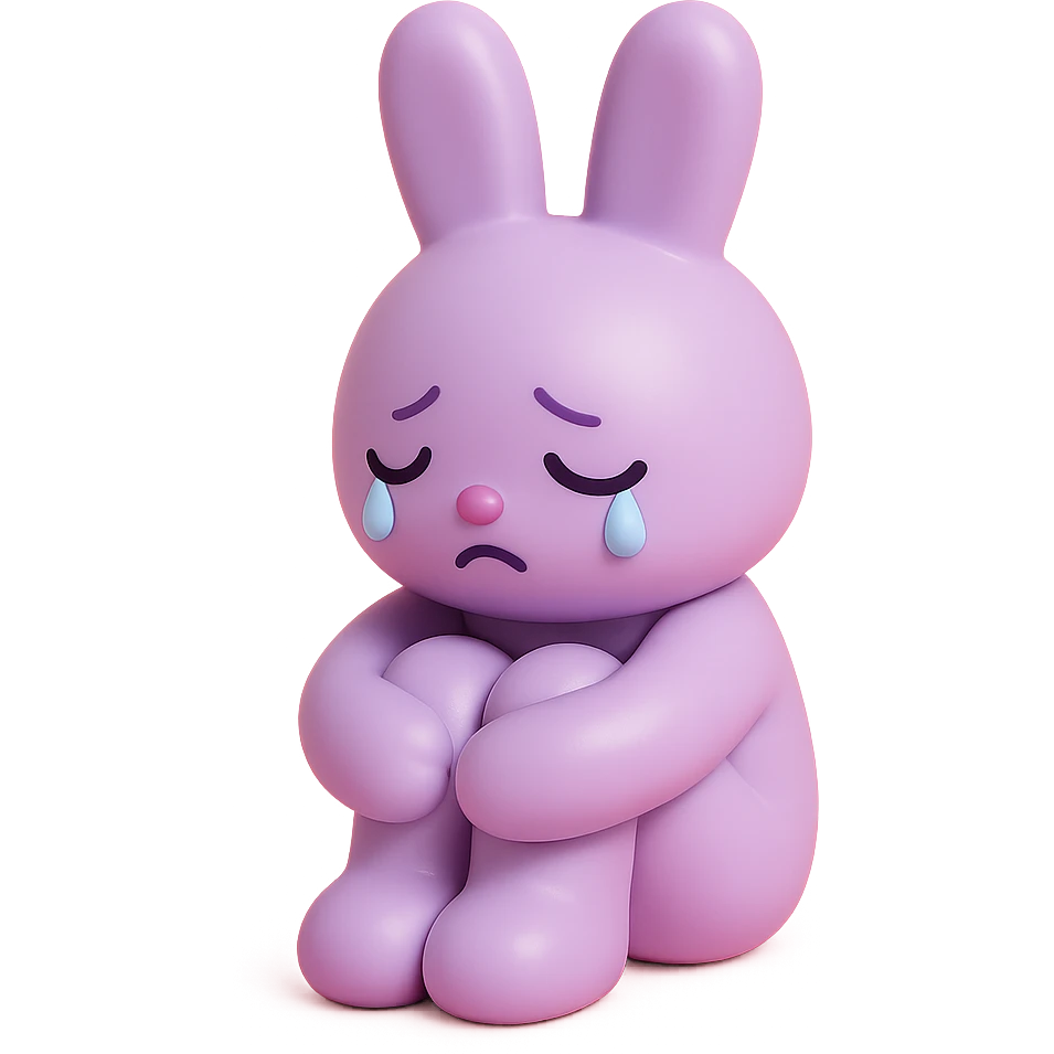 lilac bunny hugging knees while crying, soft emotional expression, vinyl figure style emoji