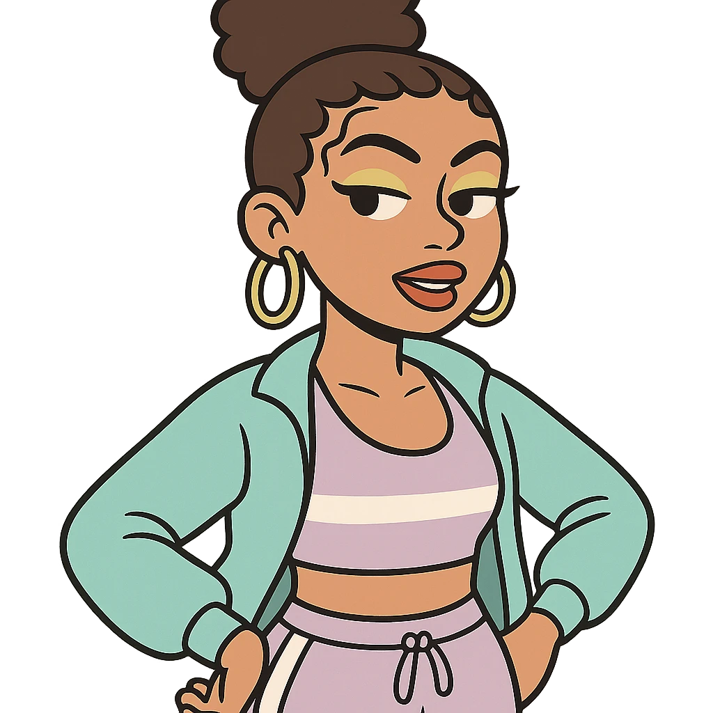 curly hair, light brown skin, baby hairs, highlighter makeup, Y2K and sportlife style emoji