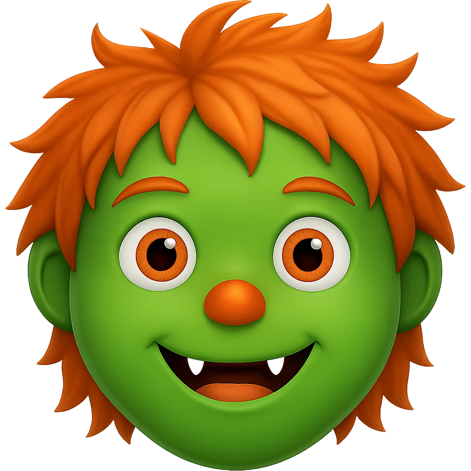 Make the monster Kelly green, give it a more oval face, and make it look friendlier. Keep the orange nose and orange hair. Preserve transparent background. emoji