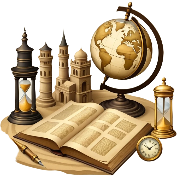 An icon featuring ancient scrolls, a quill pen, and large, old-fashioned sand clocks, symbolizing the study of history. The design includes a globe and a timeline with significant historical events, set against ruins to evoke past civilizations. Transparent background highlights the passage of time. emoji