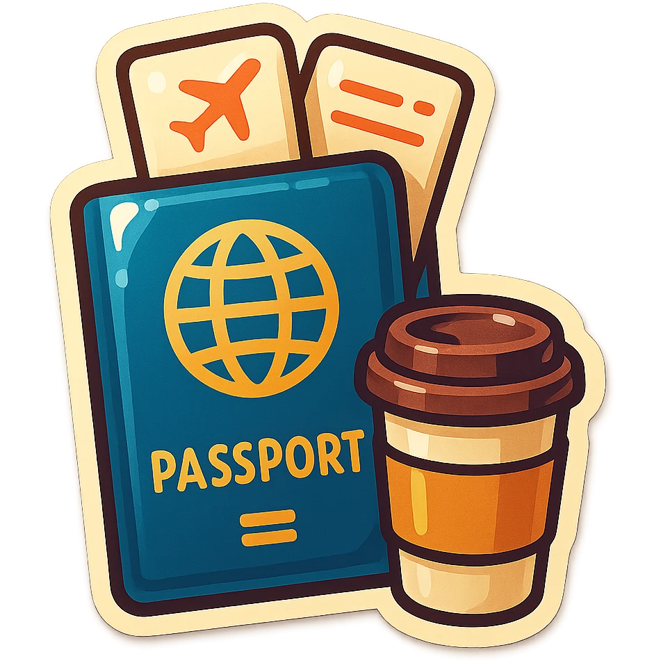 retro sticker-style illustration of a passport with two airline tickets sticking out, with a small coffee cup or to-go cup next to the passport, bold outlines, juicy colors, expressive shadows and highlights, playful and glossy look emoji