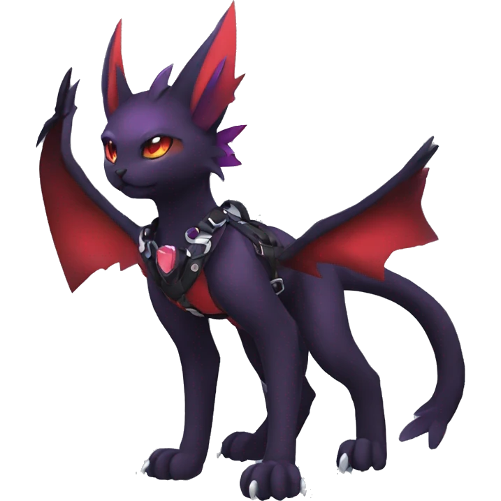 Kawaii cool edgy beautiful elegant black red purple fantasy nargacuga-noivern-cat-Fakemon collar harness full body emoji