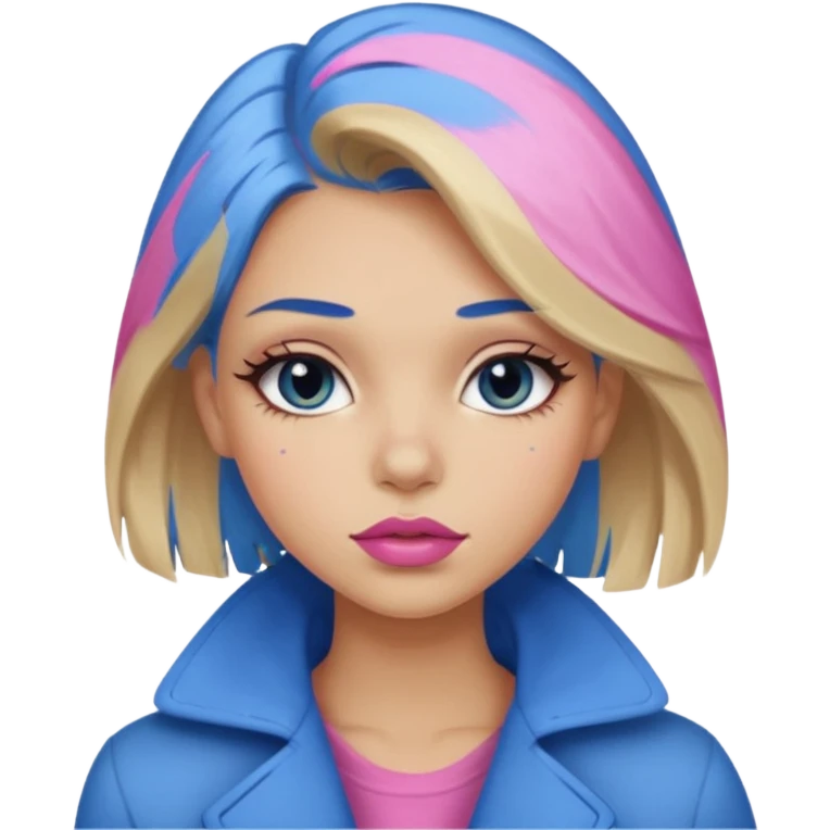 Make a girl with medium dirty blonde hair with an under coat of blue hair, add pink soft lips, lashes and  a tan skin tone emoji