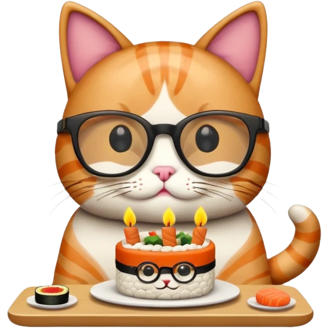 cat with cool square glasses eating a birthday cake made out of sushi emoji