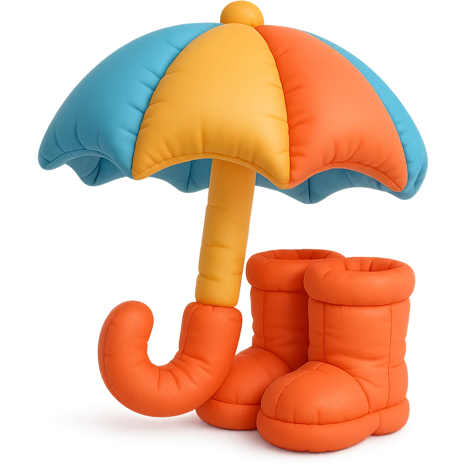 umbrella and rain boots, soft plush look, bright colors, cushion style emoji