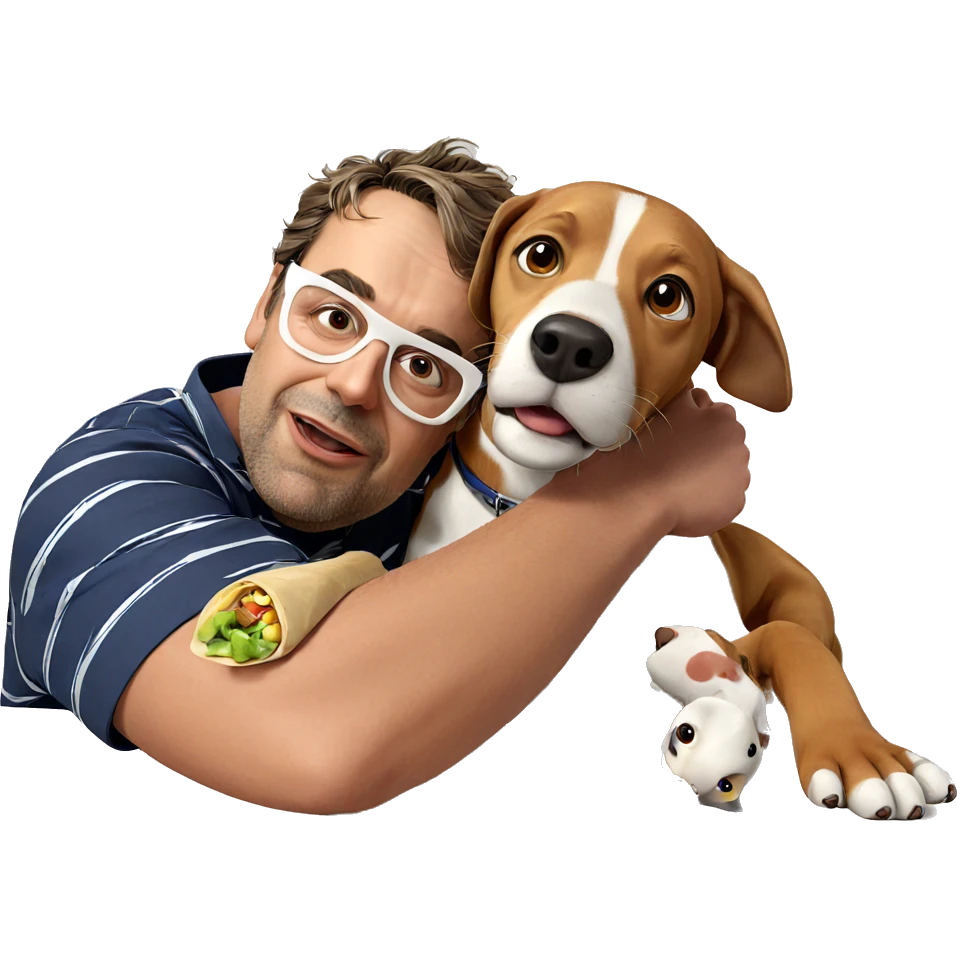 man with dog and food emoji