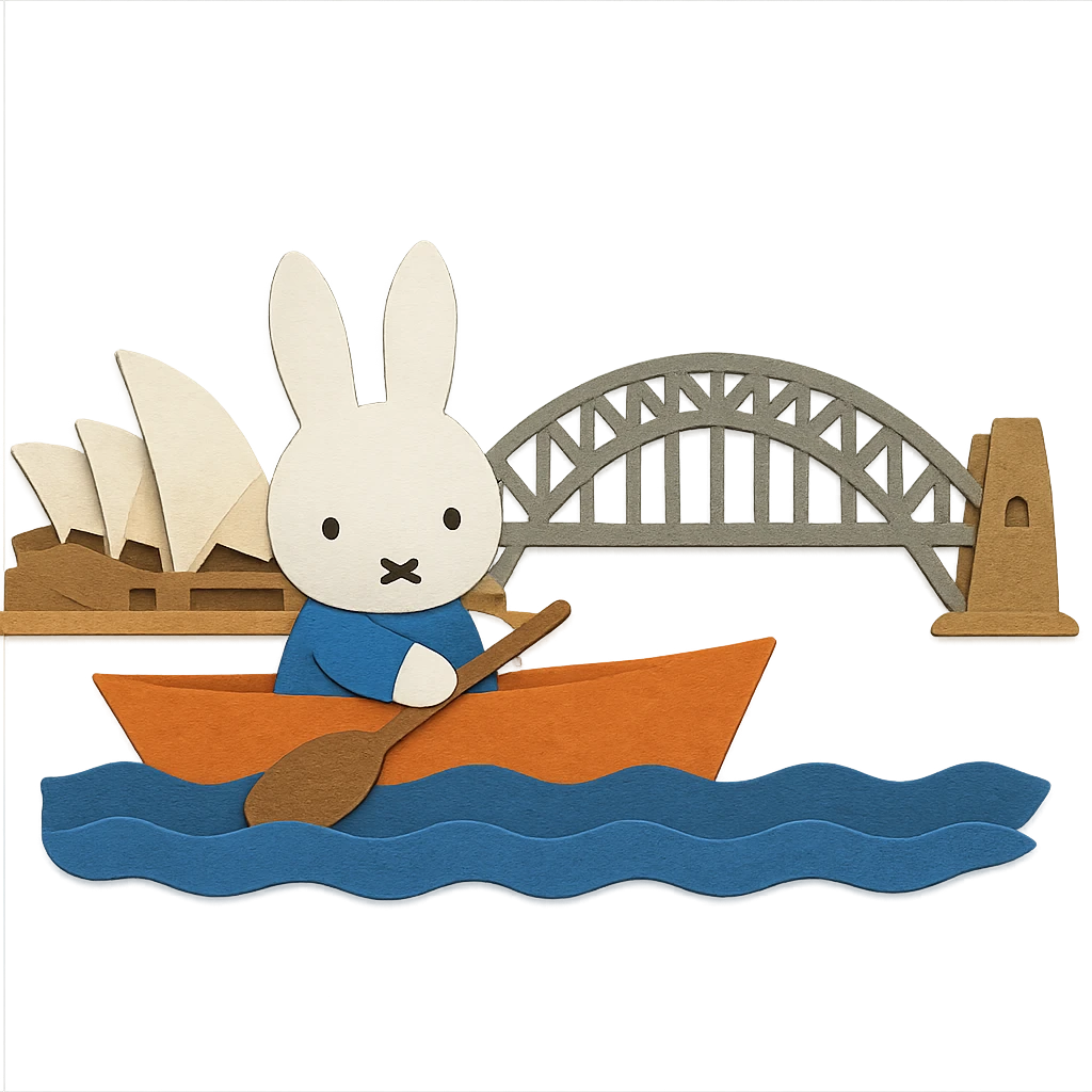 paper craft style Miffy in a boat on Sydney Harbour emoji