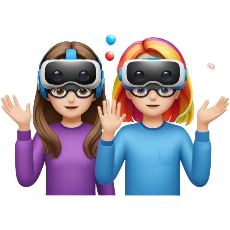 Human girl and boy Show a VR headset or AR glasses, symbolizing the immersive hair experience. Include virtual objects or a 3D scene floating in the air in front of rainbow Make the background transparent. emoji