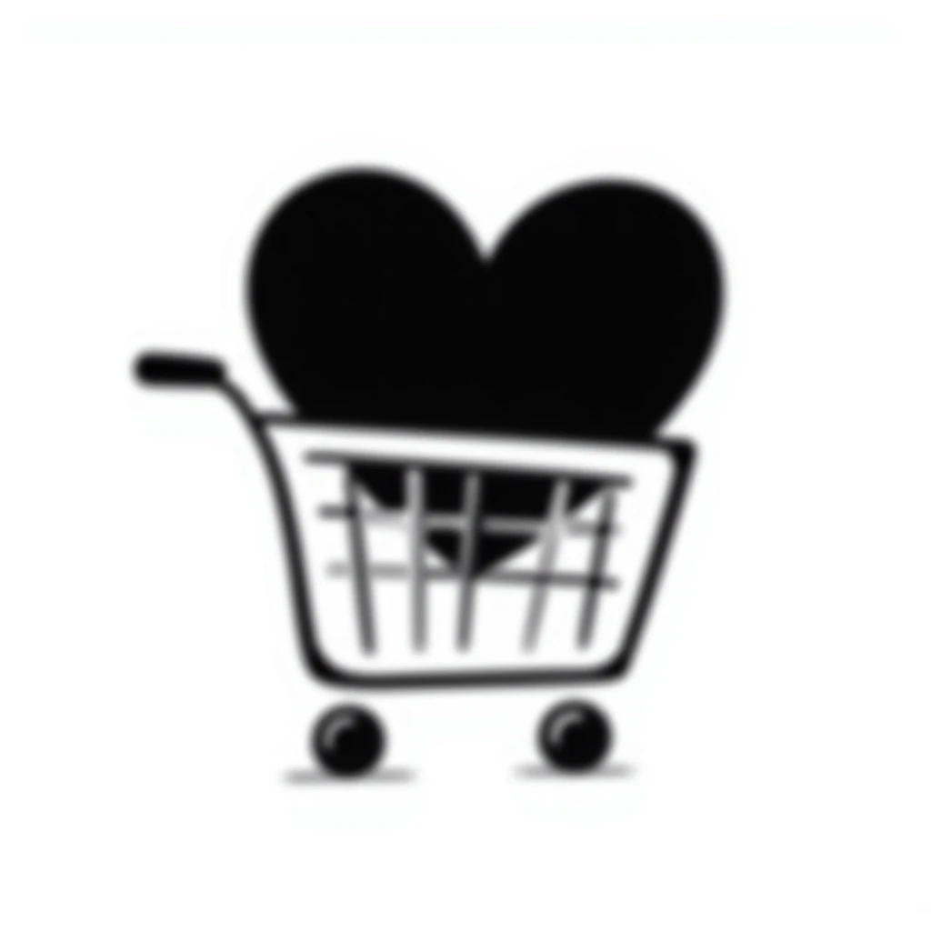 hand-drawn doodle of a shopping cart with a big red heart inside emoji