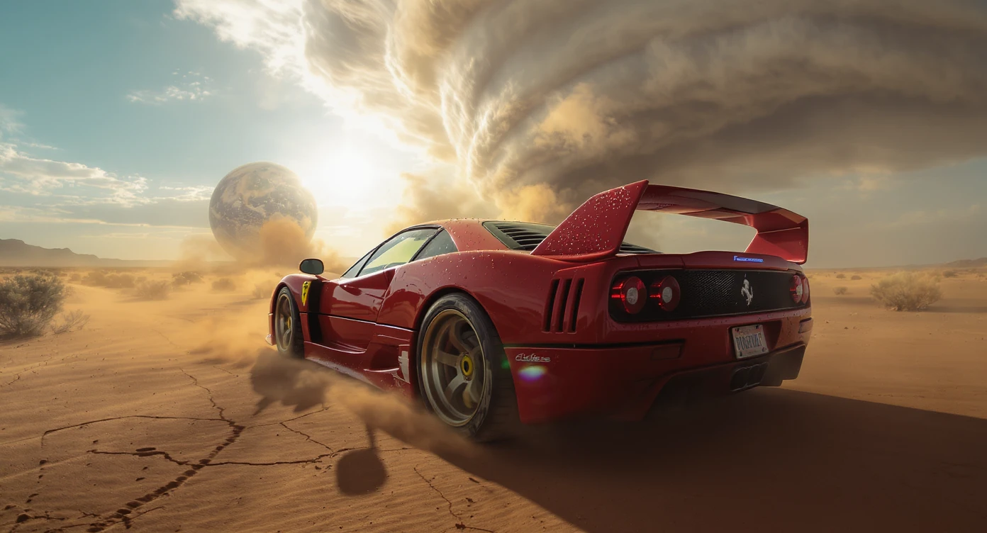 Cinematic still of a ferrari f40 around tornado od arizona desert, sun flare, big earth in background, captured by gopro hero with effect fisheye, water drops on car body, detailed emoji