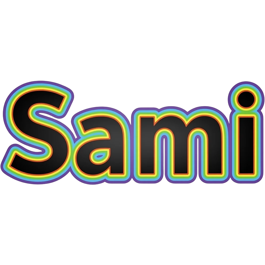 name "Sami" in black typography lettering, each color of the rainbow as a border outlined around each letter, isolated, 3d rendering, no emoji icons no emoji faces and must have no human figures emoji