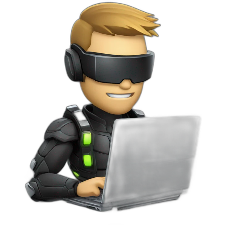 Side view developer behind his laptop with this style: Crytek Crysis Video game with character on the theme of hackers nanosuit Swift programming language emoji