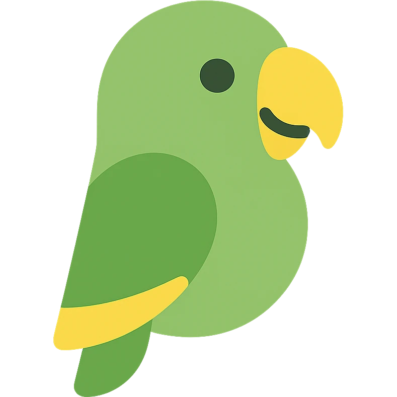 chimelo, a simple and bold parrot mascot, green with yellow accents, looking cheerful emoji