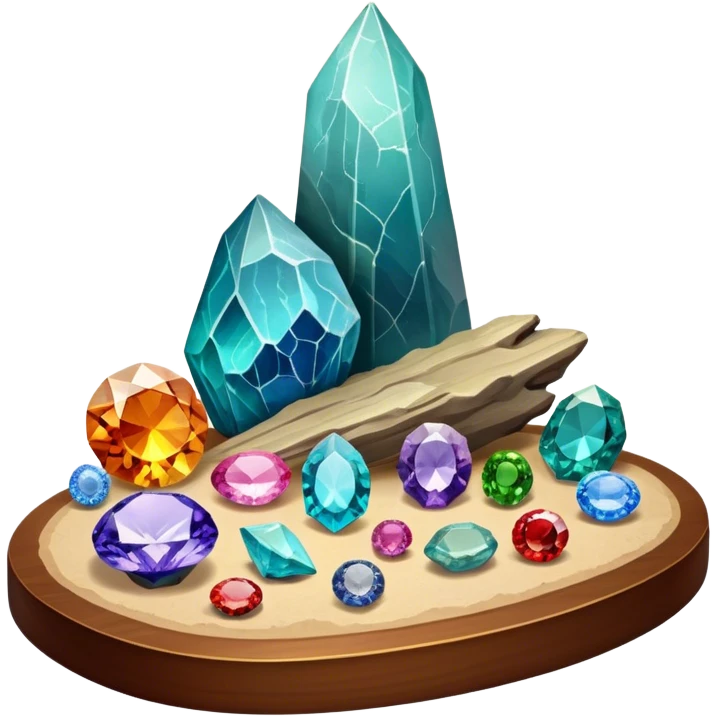 Icon for Mineral, Stone & Fossil Collecting: a display of various colorful minerals, gemstones, and fossils, arranged neatly on a table or shelf. The icon should reflect the beauty and scientific interest of collecting natural specimens. Transparent background. emoji