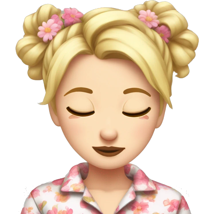 Blonde girl in floral long sleeve pyjamas with messy bun and she’s asleep emoji