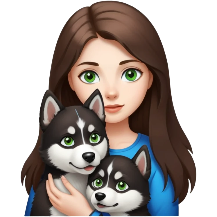 girl with long brown hair green eyes holding a black and white husky with blue eyes emoji