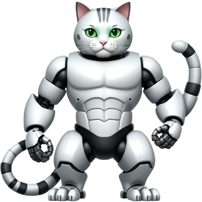 Robot Buff Jacked up Huge jumbo Super Duper Muscular Cat with a 10 pack full body black and white tuxedo colored body and green eyes and abs emoji