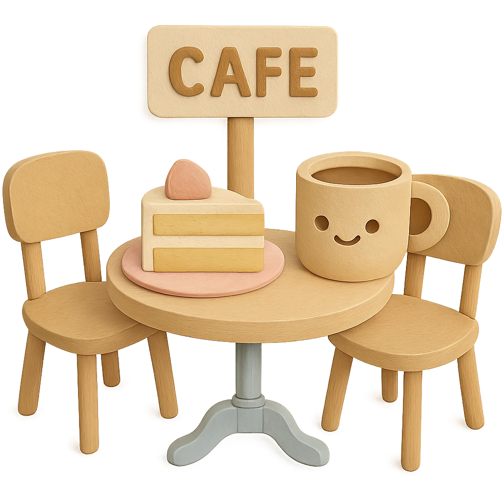 Regenerate a kawaii coffee shop table and chairs set with cake and coffee in the same paper craft style as the reference image. Enhance the quality with more detail, soft pastel colors, and maintain the transparent background and hand-drawn look. Emphasize cuteness and texture in the design. emoji