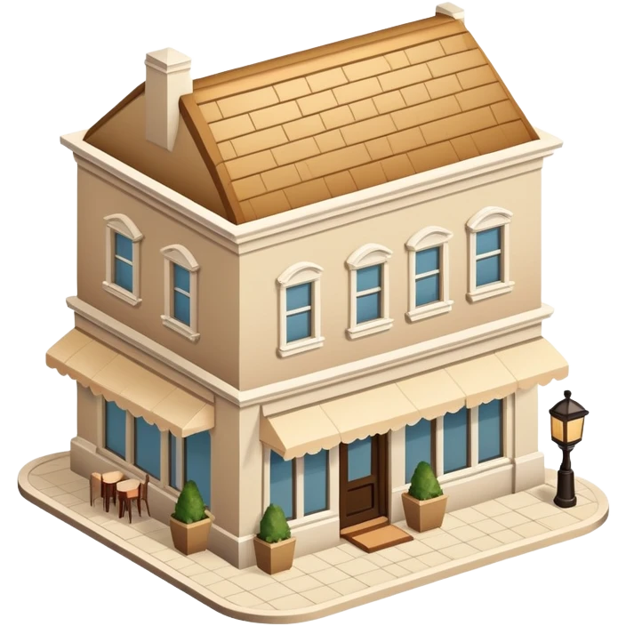 Upscale restaurant exterior, beige, isometric dollhouse-style, realistic emoji