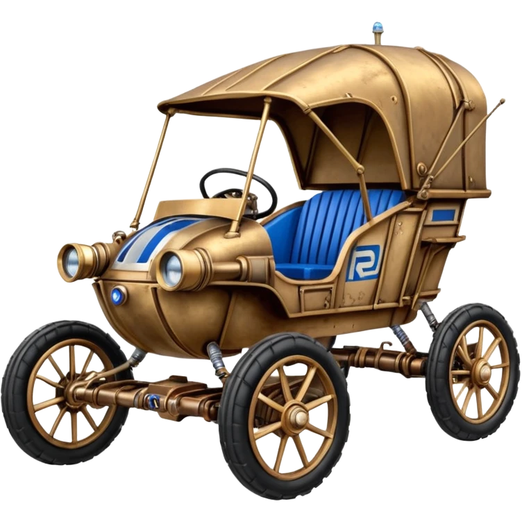 Old American West tarnished R2D2 C-3PO bounty hunter 1854 delicately ornate rosegold accents painted dune buggy buckboard wagon powered by electric motors and batteries with safety and belts flying rapidly roughening terrain stable on strong agile steampunk cantilever suspension and steering  emoji