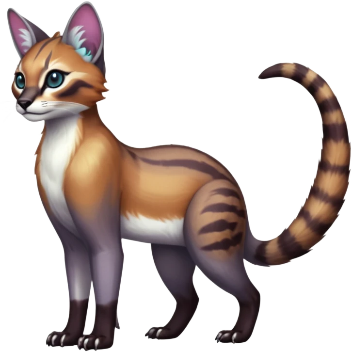 Colorful dark tropical white iridescent glorious divine exotic cute cool beautiful shiny beautiful fantasy-caracal-civet-genet-sergal-vernid-Cacomistle-oncilla-animal-Fakémon-hybrid-fursona (full body) emoji