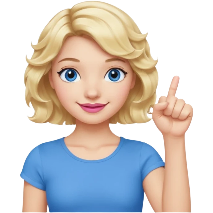 Girl Blonde short wavy hair,  blue eyes, cute blue top, long lashes, pink lips, smiling, fist bump emoji
