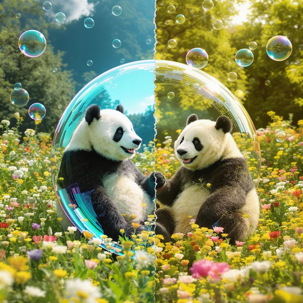 Cinematic still pandas bears sitting inside bubbles flying over field full of flowers, sunny summer day, happy vibe, minimalisic, composition splited to half(sky and flowers) emoji