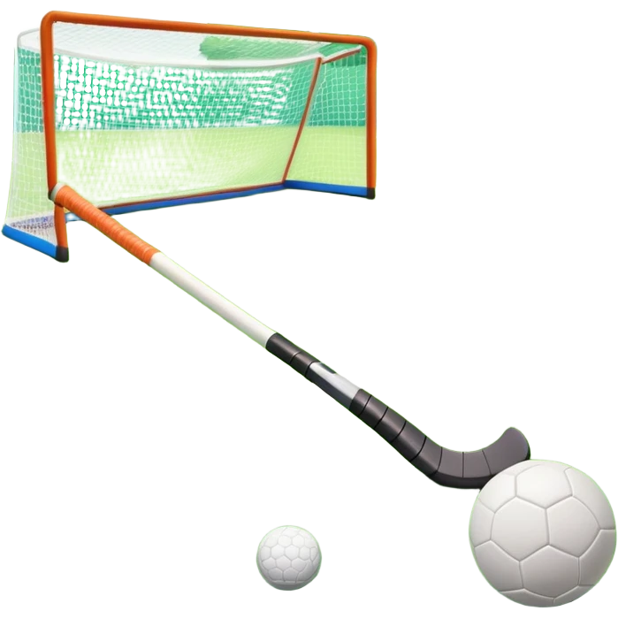 A field hockey stick and ball on a vibrant green grass field, with goalposts and clear field markings in the background. The scene emphasizes the bright, lush grass, highlighting the fast-paced and strategic nature of hockey on a well-maintained pitch. emoji