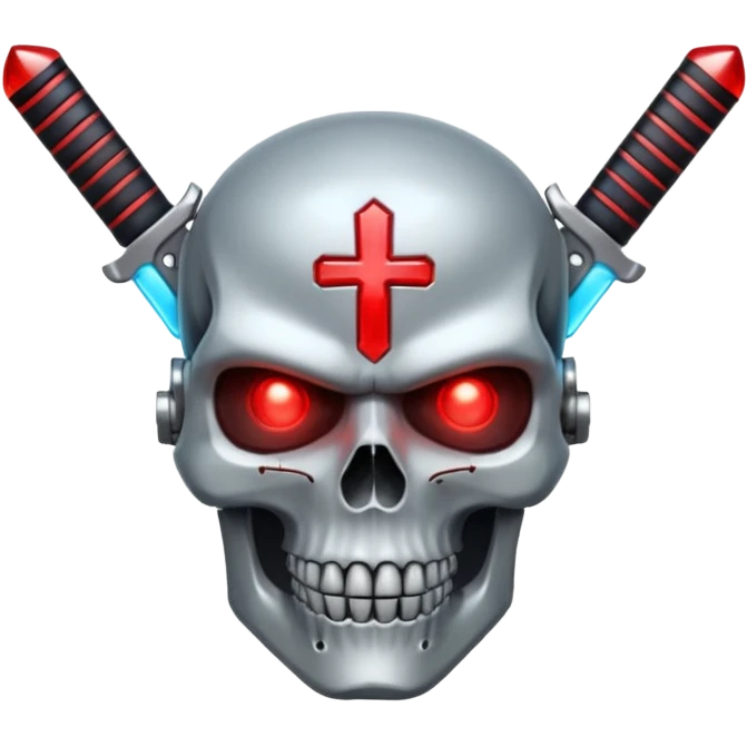 Sci-fi shield badge, terminator style skull, glowing red eyes, crossed futuristic sable and energy sword, no background emoji