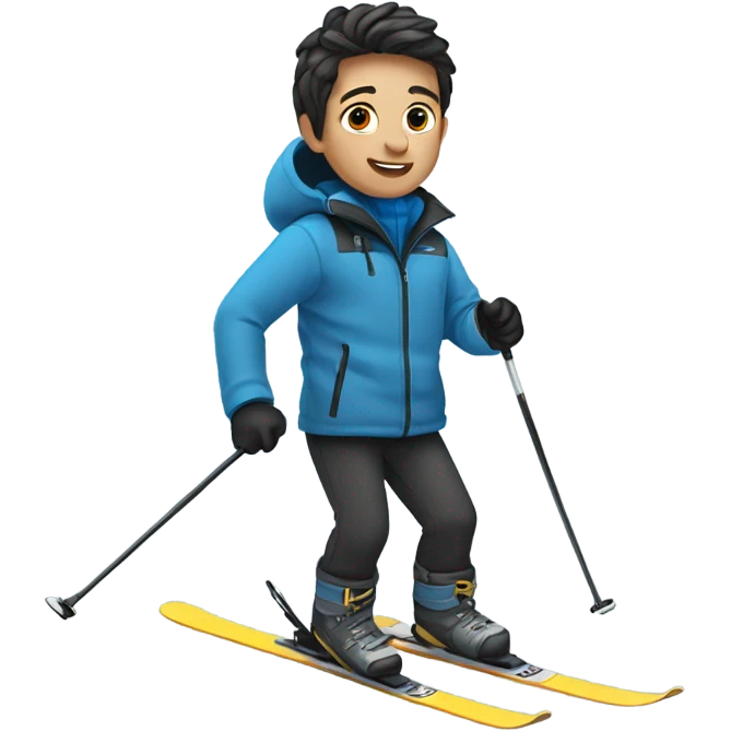 Boy with blue skis on feet. Black pants on legs. And gray jacket on body. Actively skiing  emoji