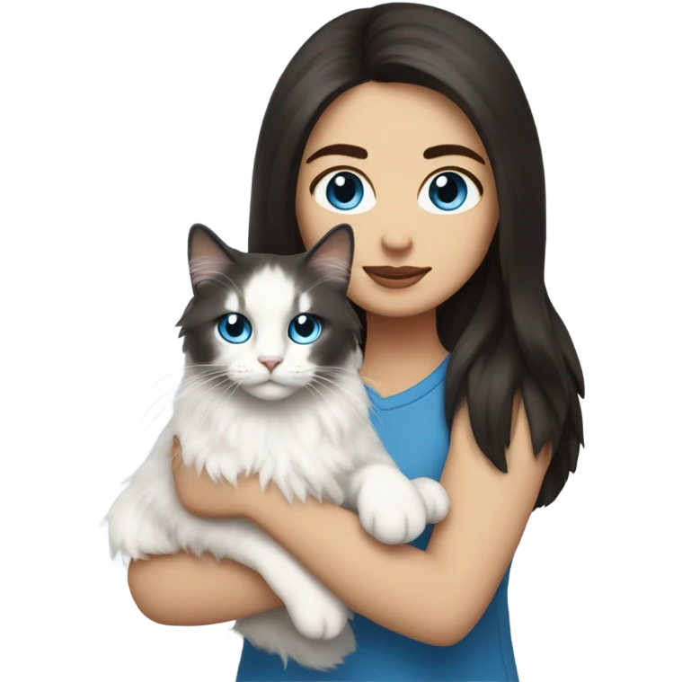 woman with dark long hair and holding a all white Siberian cat with blue eyes emoji