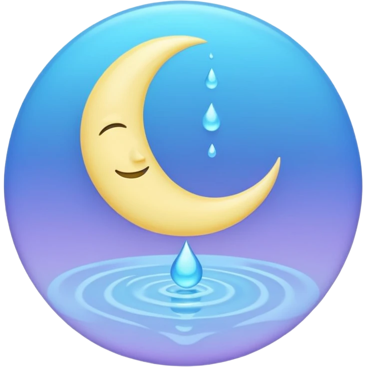 Minimalist pastel emoji of a crescent moon resting inside a glowing blue water droplet with soft ripples and a lavender-mint glow aura, smooth gradients, gentle lighting, ASMR aesthetic. emoji