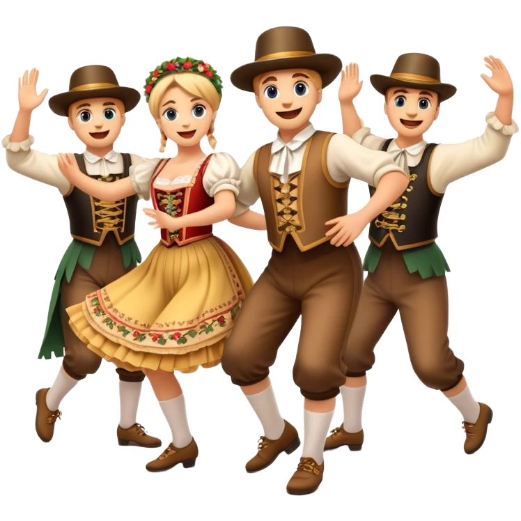 Cinematic Realistic Schuhplattler Dance Emoji, depicted as a lively traditional folk dance scene with performers in authentic Bavarian costumes, rendered with dynamic textures and festive natural lighting that captures the spirit of rural celebration. emoji