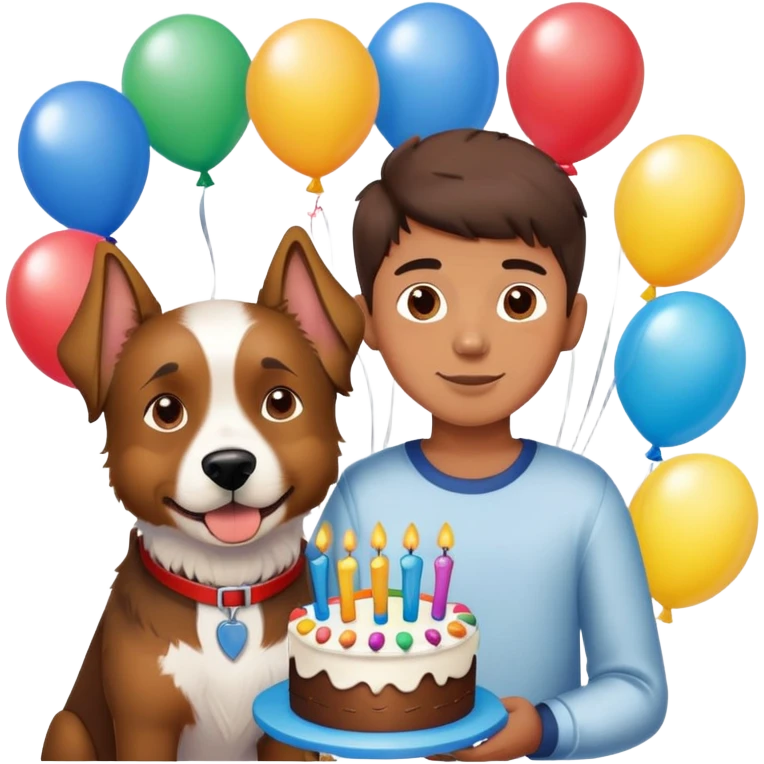 boy and his dog at party with balloons and cake emoji
