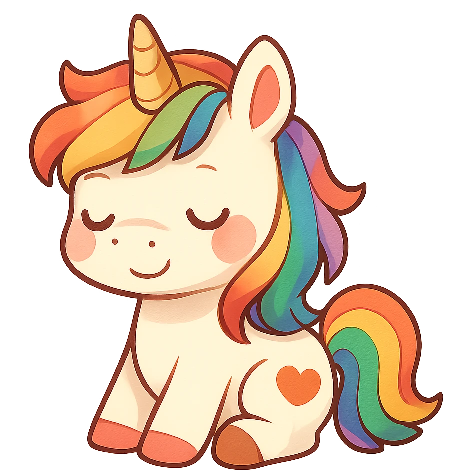chibi sticker-style unicorn with a rainbow mane, pride, cute and exaggerated emoji