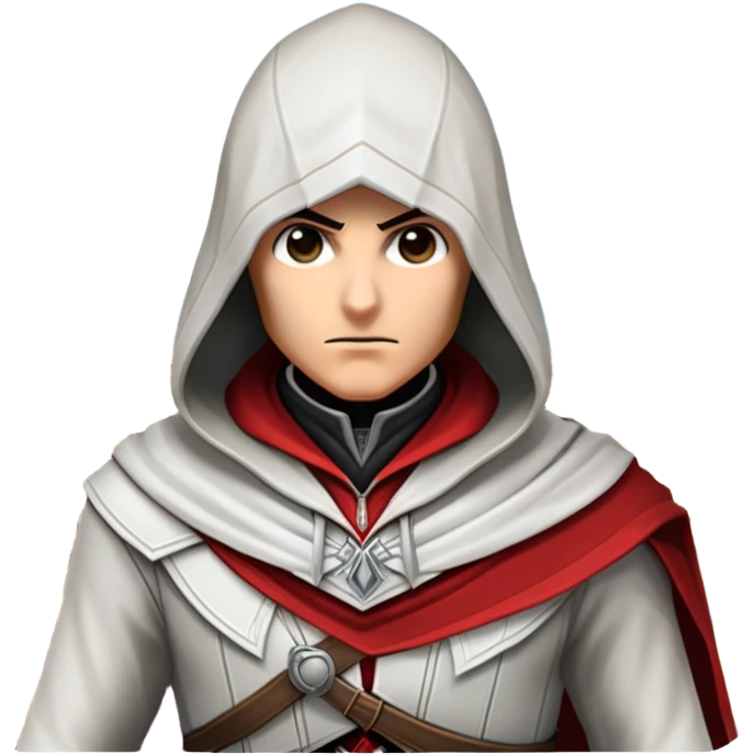 icon featuring Assasin's Creed in an iconic assassin's hood, standing tall against the backdrop of Florence. The design captures the essence of adventure, with intricate details of historical architecture and a sense of mystery. The character is poised, ready for action. transparent background. emoji