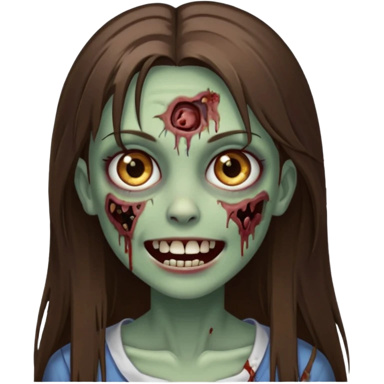 a zumbi girl with long brunette straight hair and light brown eyes, she is happy and beautiful, do it as a icon  emoji