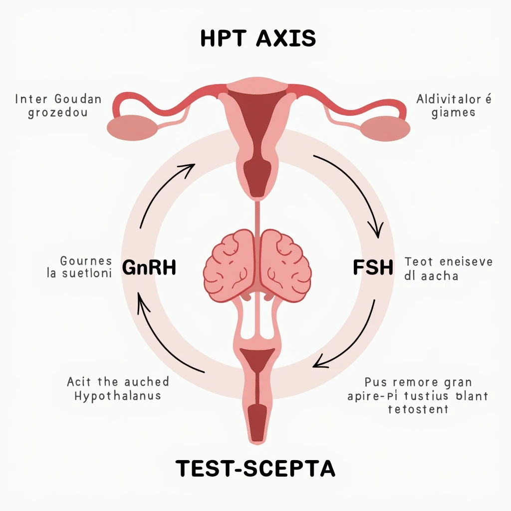 clear and realistic infographic of the HPT axis (hypothalamus-pituitary-testes): showing hypothalamus, pituitary gland, and testes connected by arrows, including hormone names (GnRH, LH, FSH, testosterone), simple diagram, distinct colors for each part, scritte in italiano emoji