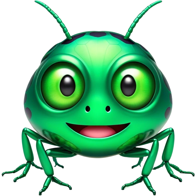 Cinematic Comical Green Bugdie Portrait Emoji, Head tilted dramatically with an exaggeratedly amused expression, featuring a striking, glossy emerald exoskeleton with bold patterns, wide, expressive multifaceted eyes filled with playful disbelief, Simplified yet hilariously expressive features, highly detailed, glowing with a slightly sassy glow, high shine, dramatic yet playful, stylized with an air of cheeky mischief, bright and endearing, soft glowing outline, capturing the essence of a spirited and over-the-top bug, so meme-worthy it feels like it could side-eye its way into internet fame instantly! emoji