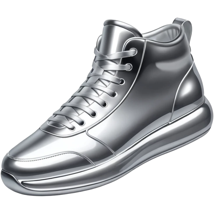 A pair of futuristic sneakers emoji made of silver chrome, sleek streetwear design, smooth metallic panels, subtle reflections, luxury swag aesthetic, iOS emoji style, centered, clean white background emoji