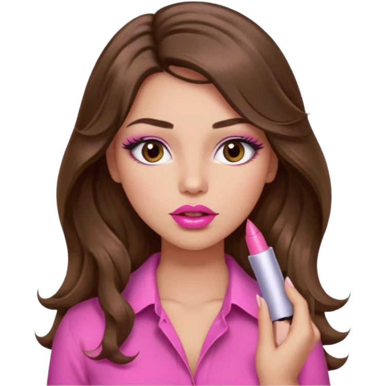 girl with long wavy brown hair, brown eyes, light to medium complexion, in a pink sexy shirt, pink lips, long lashes, puckered lips, putting on lipstick emoji